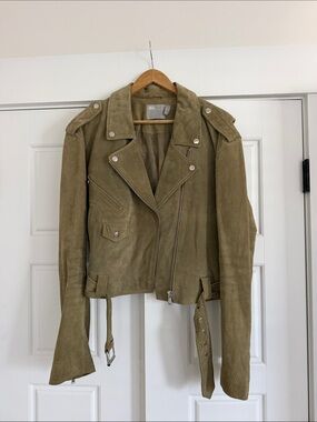 Suede Biker Jacket in Olive - 10 Tall